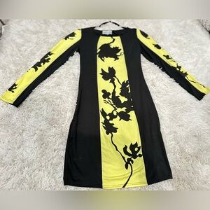 Elegant Long Sleeve Black and Yellow Dress
